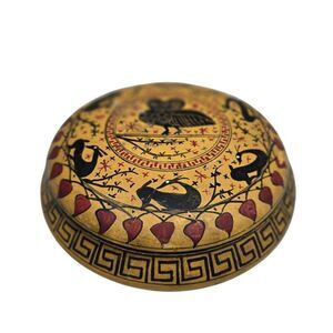 Vintage Hand Painted Greek Ceramic Trinket Box Owl Motif Greek Key